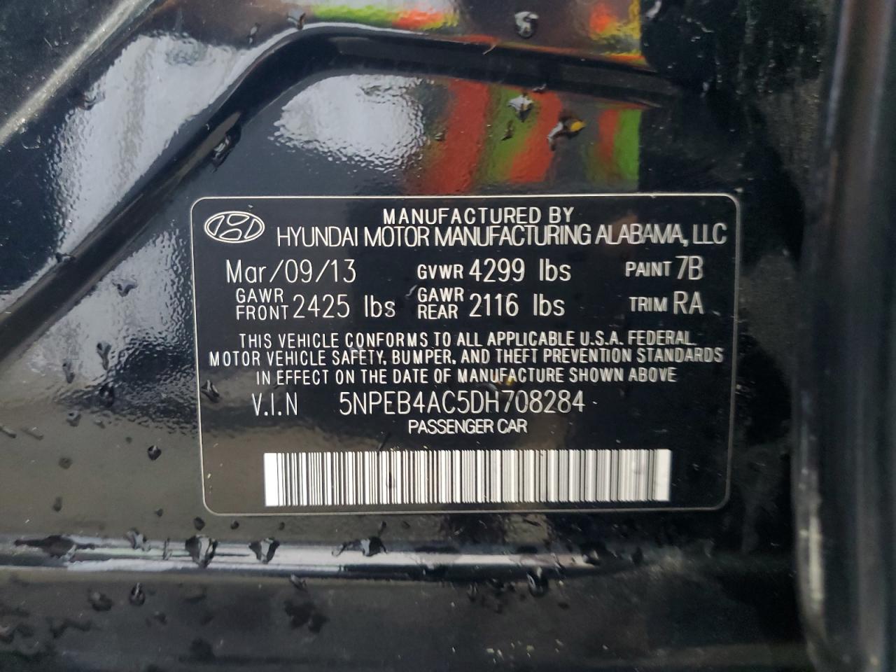 2013 Hyundai Sonata Gls VIN: 5NPEB4AC5DH708284 Lot: 62081094