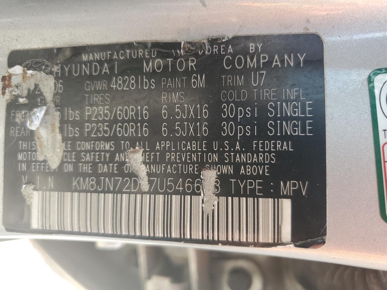 2007 Hyundai Tucson Se VIN: KM8JN72D47U546653 Lot: 65372404