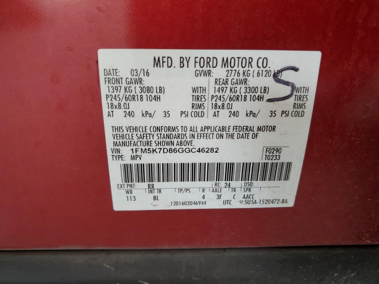 2016 Ford Explorer Xlt VIN: 1FM5K7D86GGC46282 Lot: 63321524