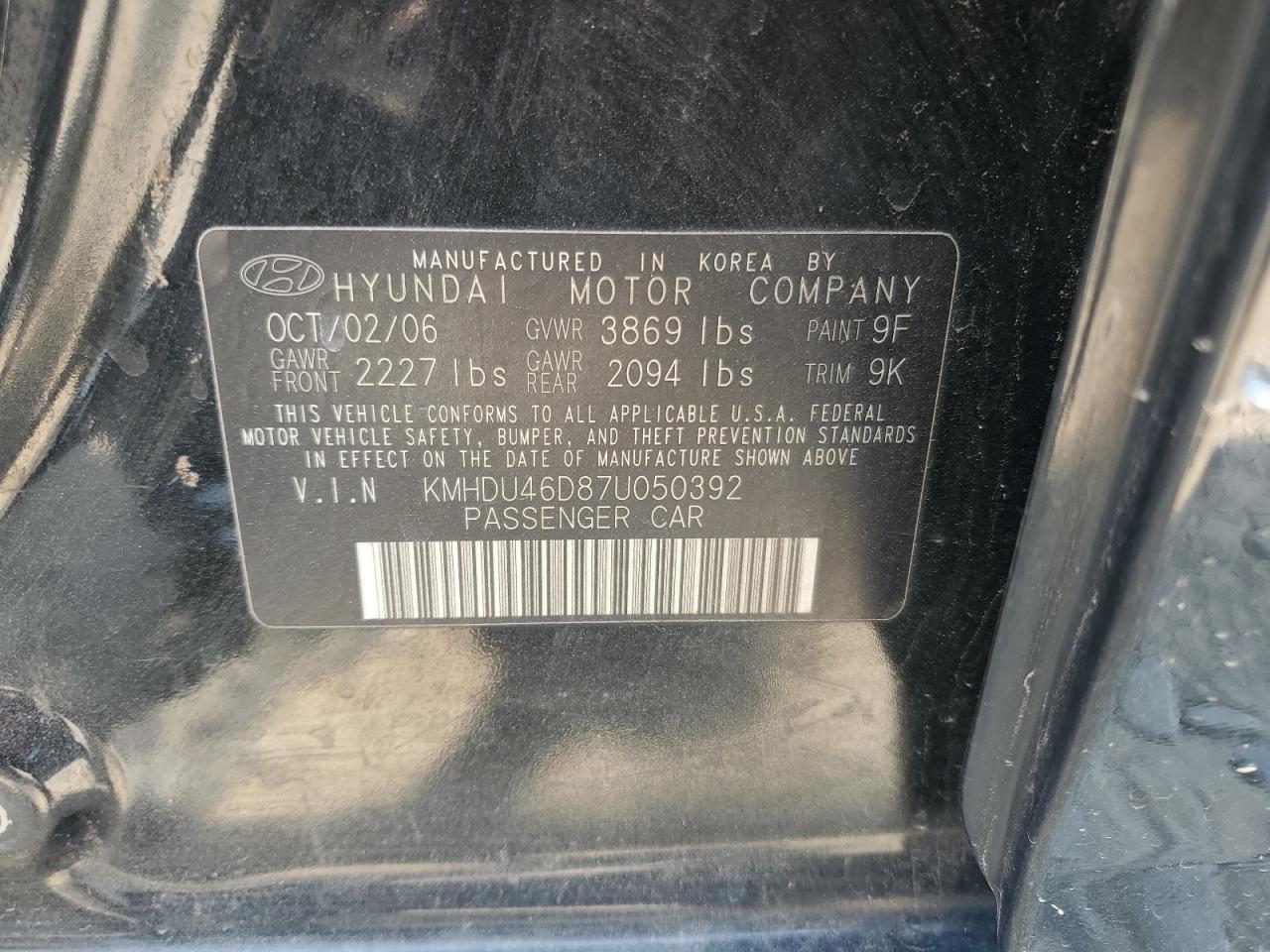 KMHDU46D87U050392 2007 Hyundai Elantra Gls