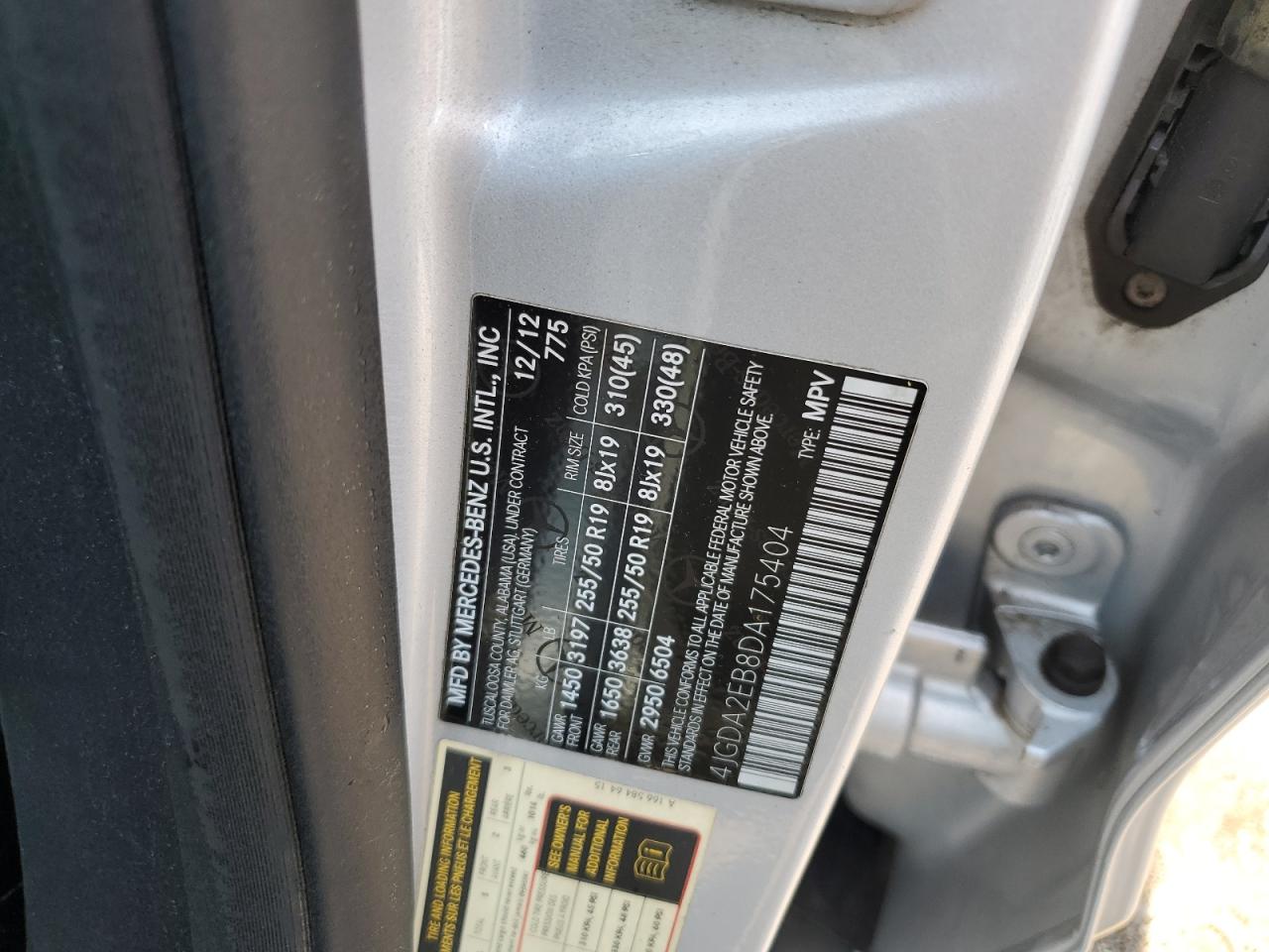 2013 Mercedes-Benz Ml 350 Bluetec VIN: 4JGDA2EB8DA175404 Lot: 63308634