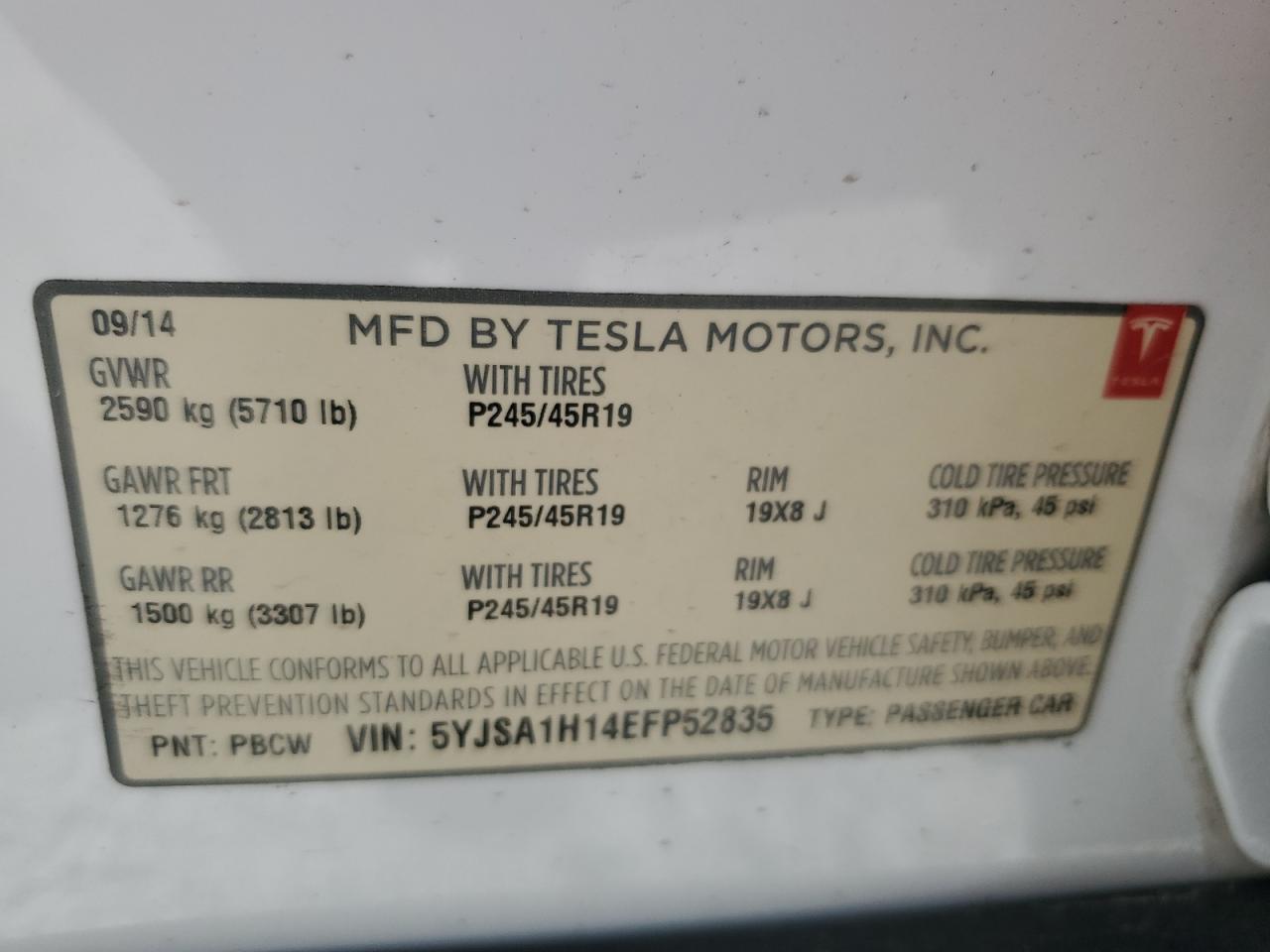 2014 Tesla Model S VIN: 5YJSA1H14EFP52835 Lot: 63669584