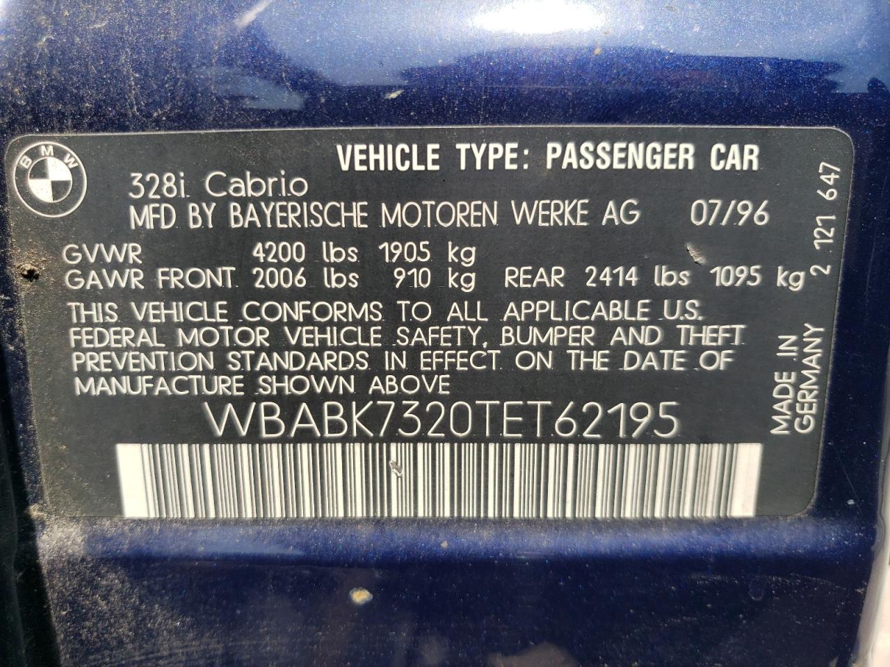 1996 BMW 328 Ic VIN: WBABK7320TET62195 Lot: 61507504