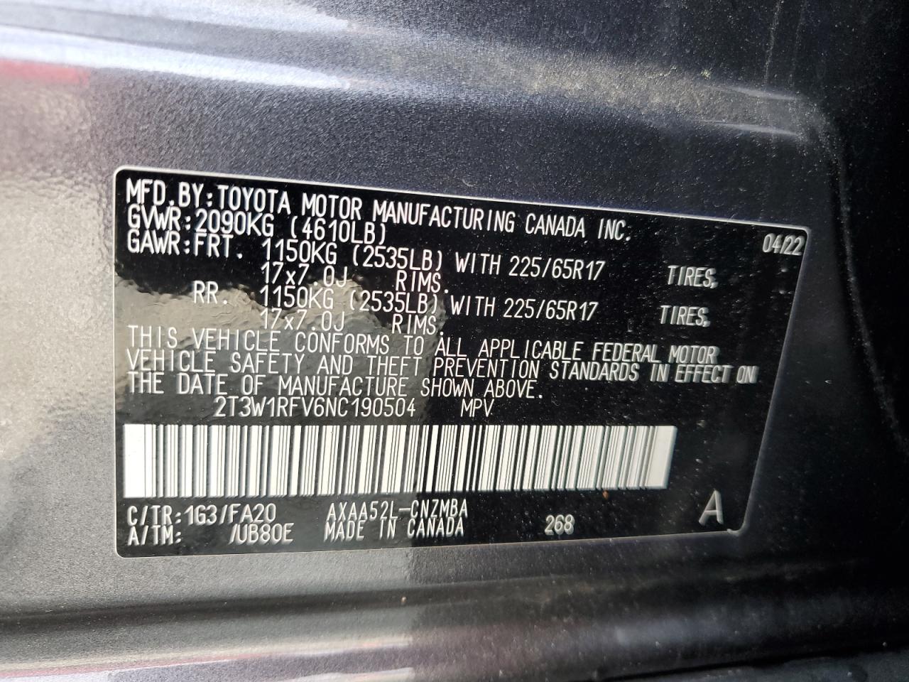 2022 Toyota Rav4 Xle VIN: 2T3W1RFV6NC190504 Lot: 64041794