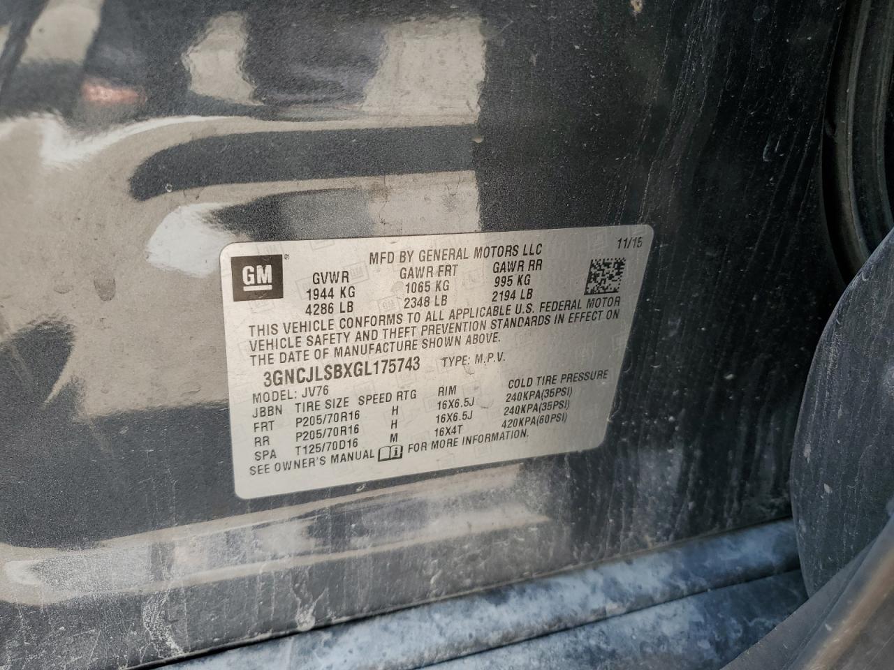 2016 Chevrolet Trax 1Lt VIN: 3GNCJLSBXGL175743 Lot: 62512504