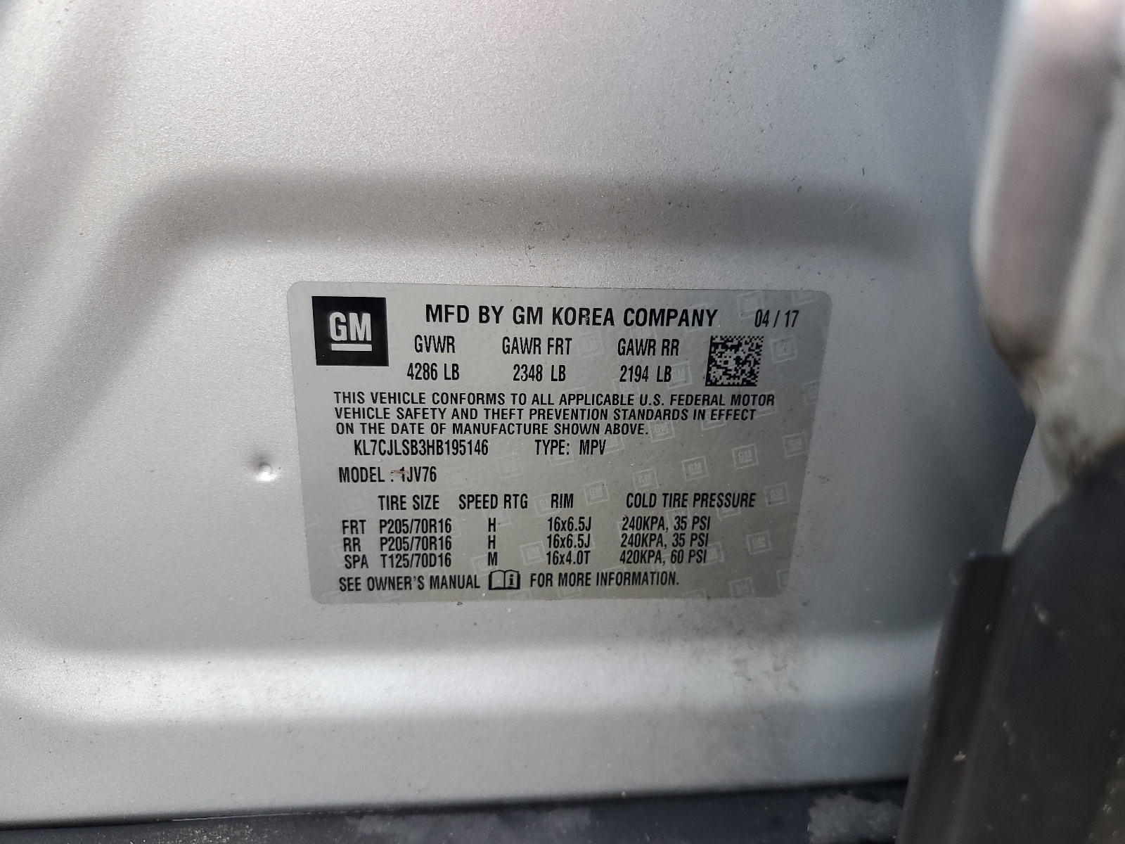 KL7CJLSB3HB195146 2017 Chevrolet Trax 1Lt