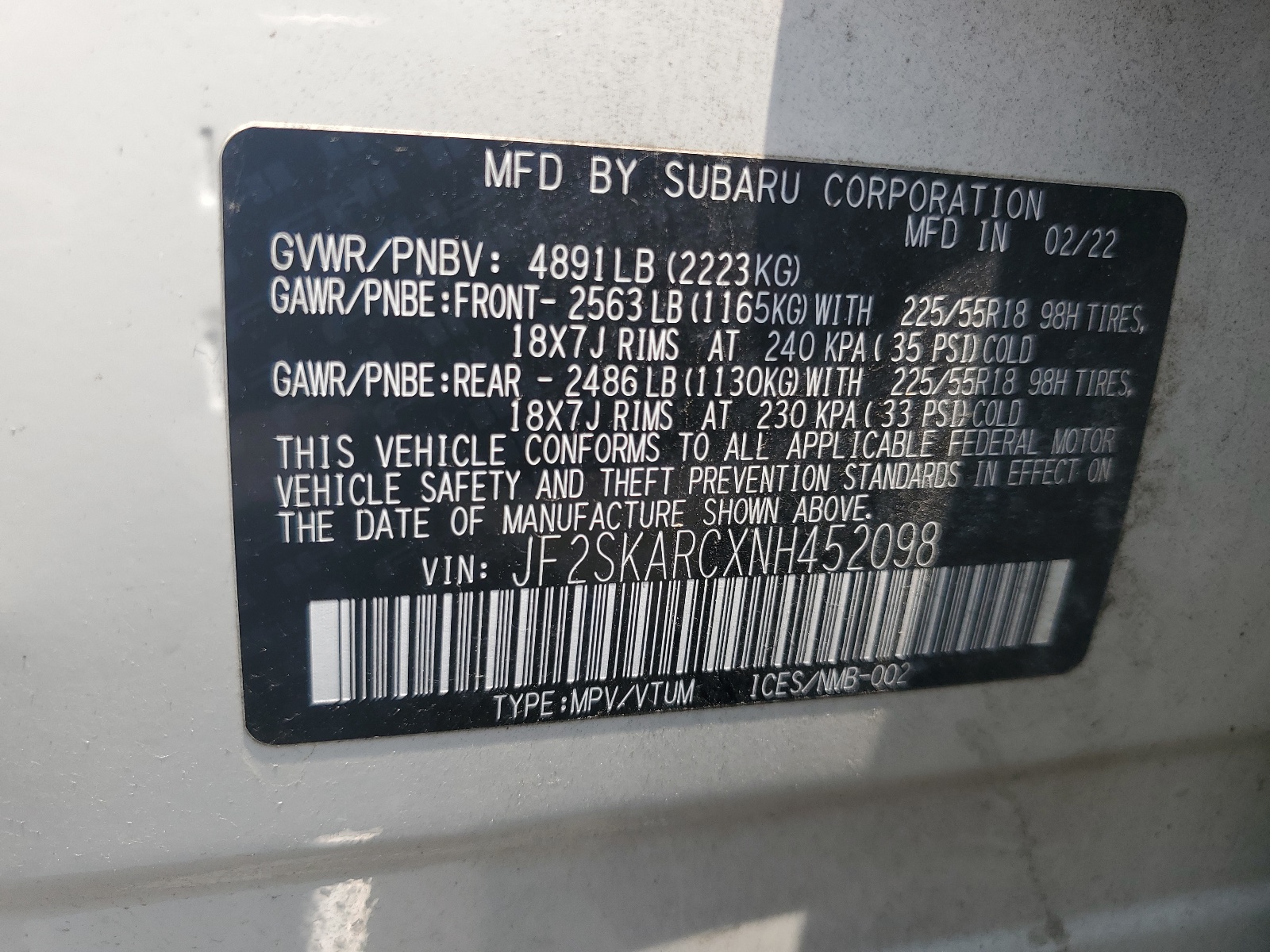 JF2SKARCXNH452098 2022 Subaru Forester Touring