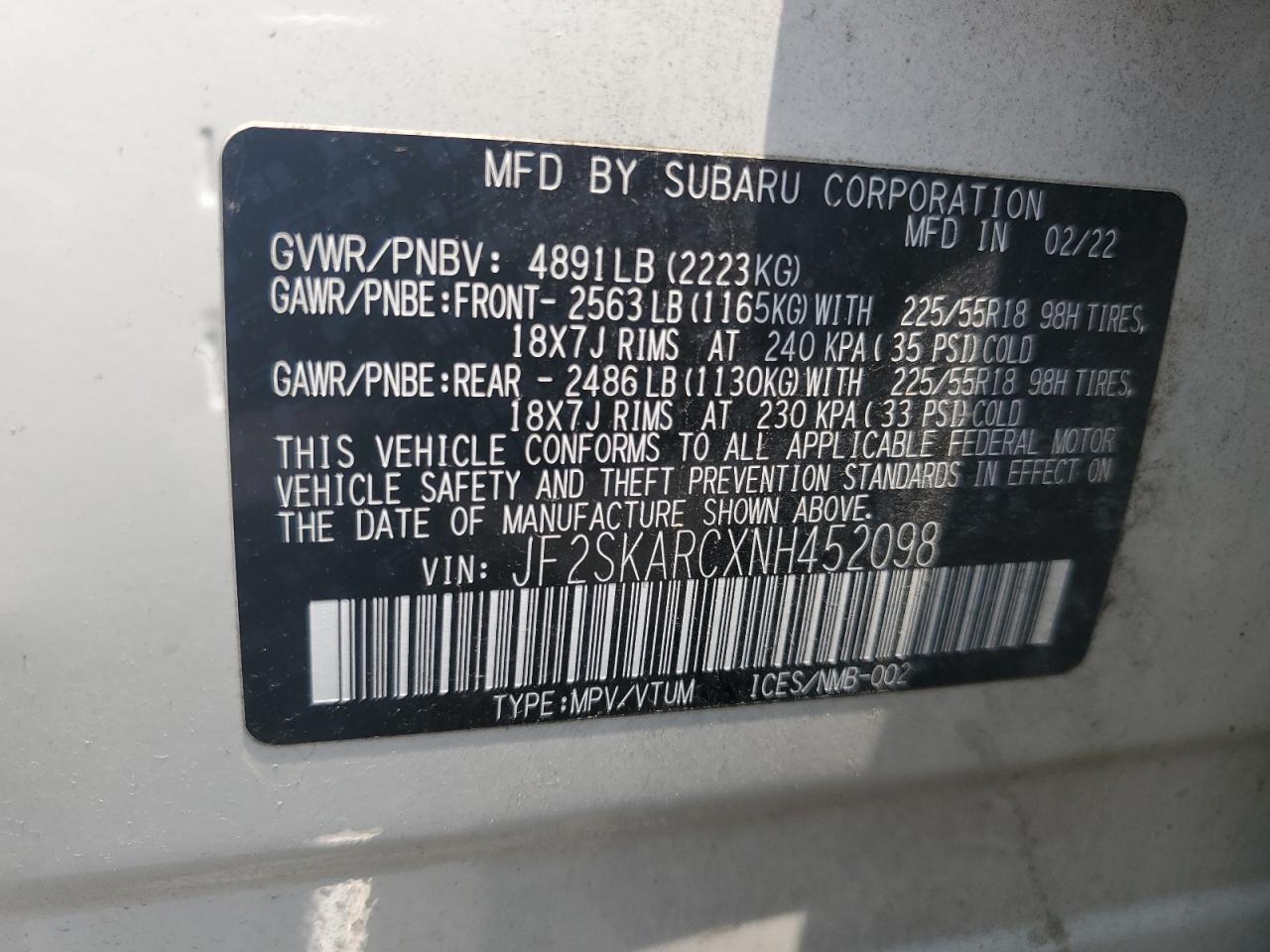 2022 Subaru Forester Touring VIN: JF2SKARCXNH452098 Lot: 64639544