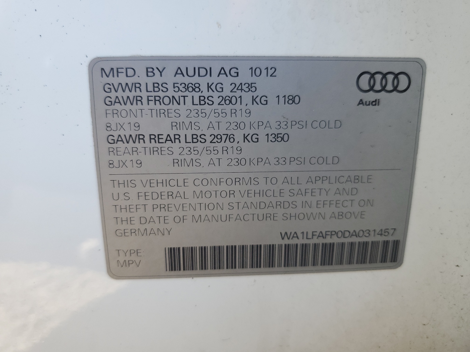 WA1LFAFP0DA031457 2013 Audi Q5 Premium Plus