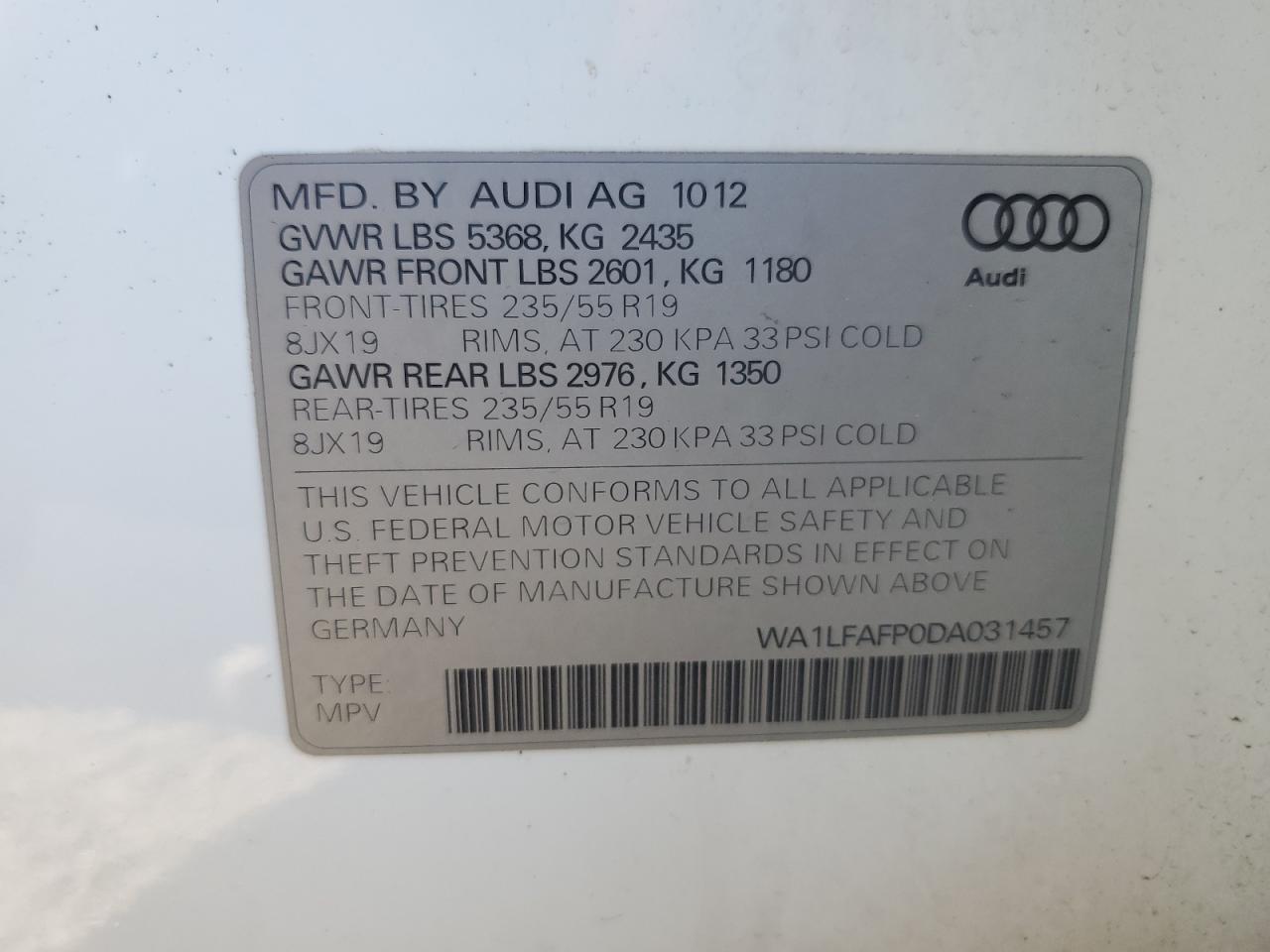 2013 Audi Q5 Premium Plus VIN: WA1LFAFP0DA031457 Lot: 61056384