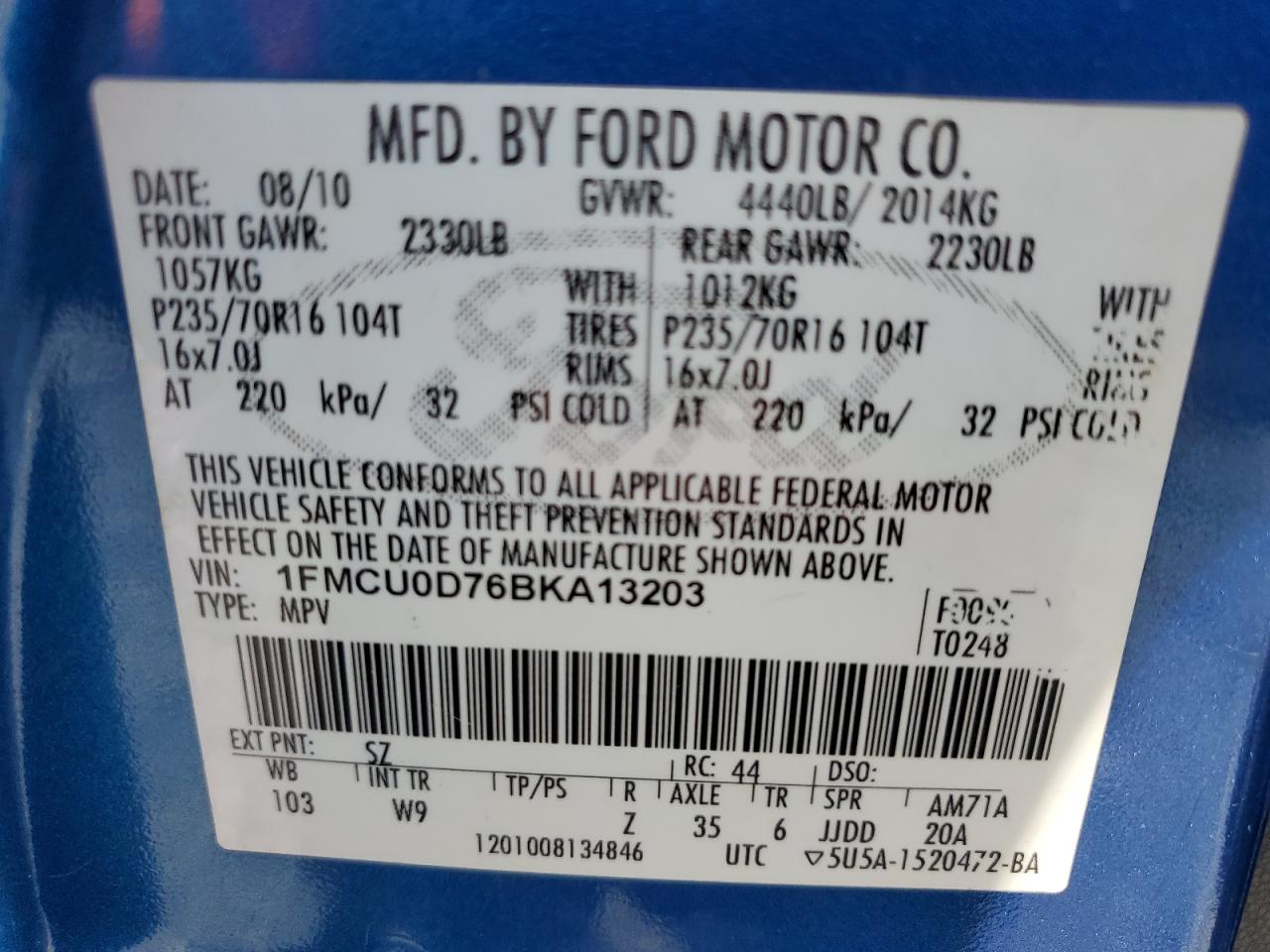 2011 Ford Escape Xlt VIN: 1FMCU0D76BKA13203 Lot: 64051214