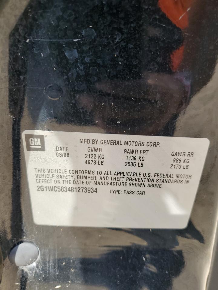 2008 Chevrolet Impala Lt VIN: 2G1WC583481273934 Lot: 63526044