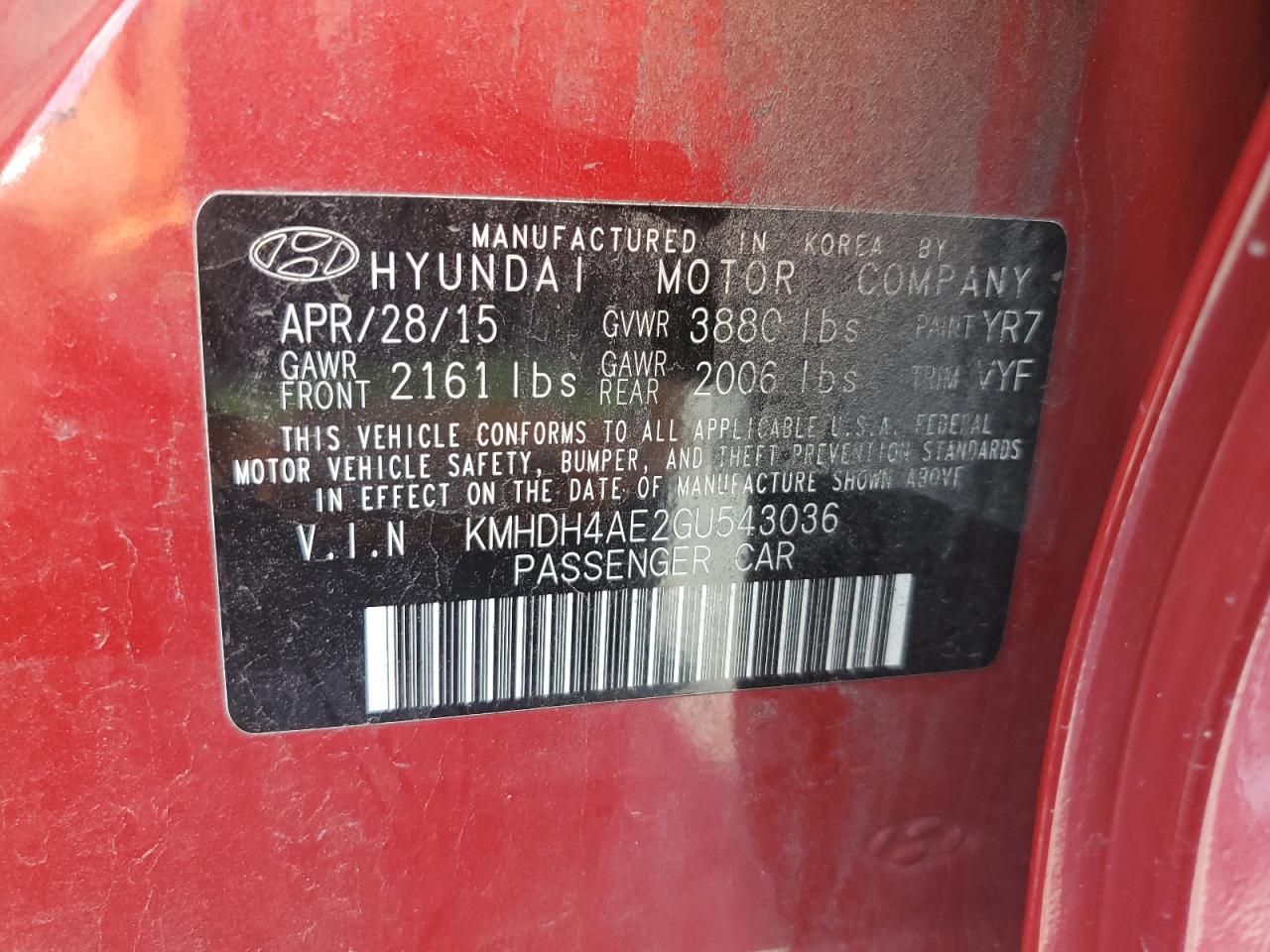 2016 Hyundai Elantra Se VIN: KMHDH4AE2GU543036 Lot: 65322774