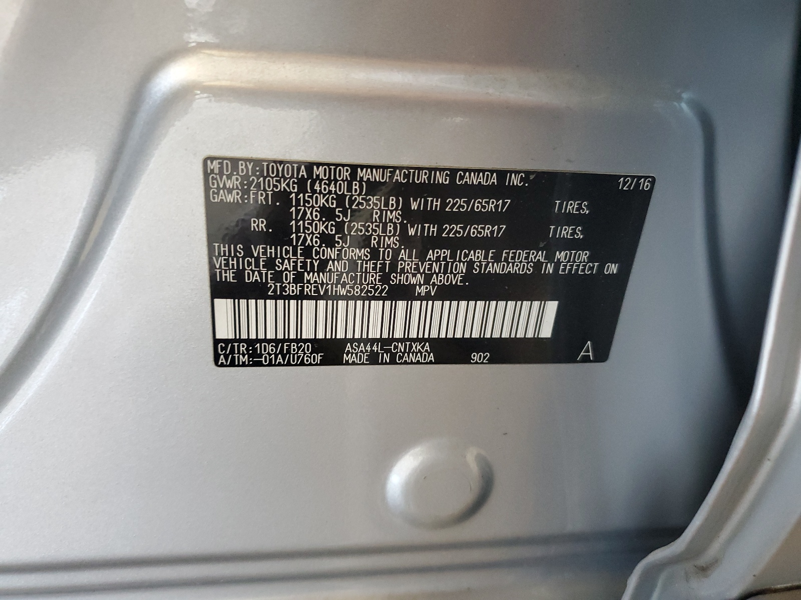 2T3BFREV1HW582522 2017 Toyota Rav4 Le