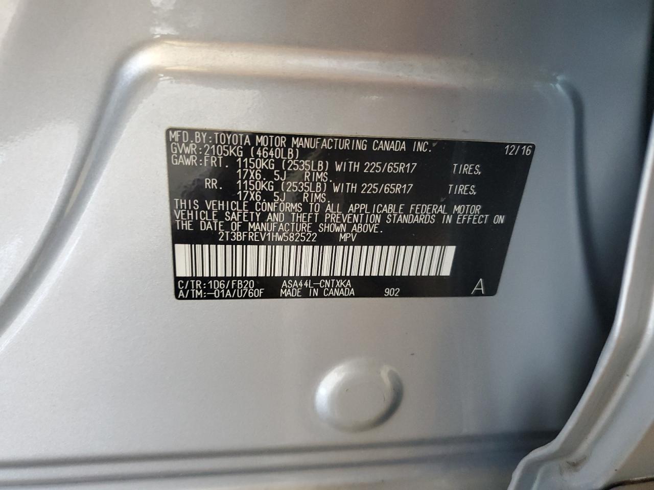 2017 Toyota Rav4 Le VIN: 2T3BFREV1HW582522 Lot: 63788314