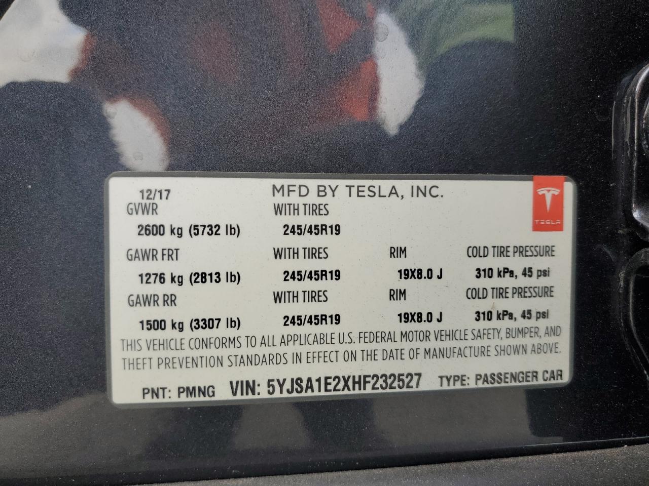 2017 Tesla Model S VIN: 5YJSA1E2XHF232527 Lot: 63180724