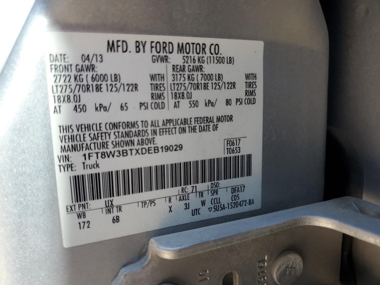 2013 Ford F350 Super Duty VIN: 1FT8W3BTXDEB19029 Lot: 64907604