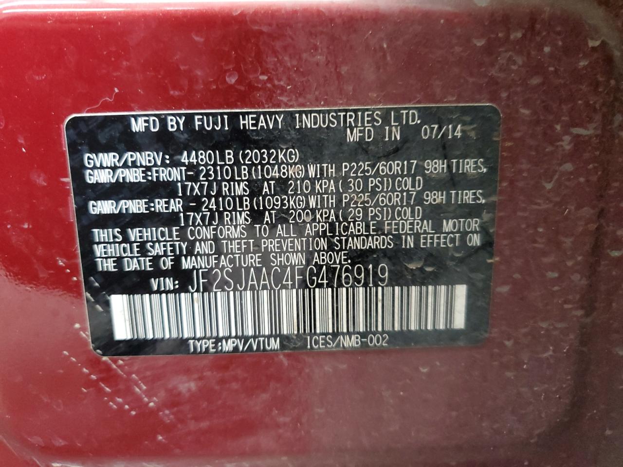 2015 Subaru Forester 2.5I VIN: JF2SJAAC4FG476919 Lot: 63608724