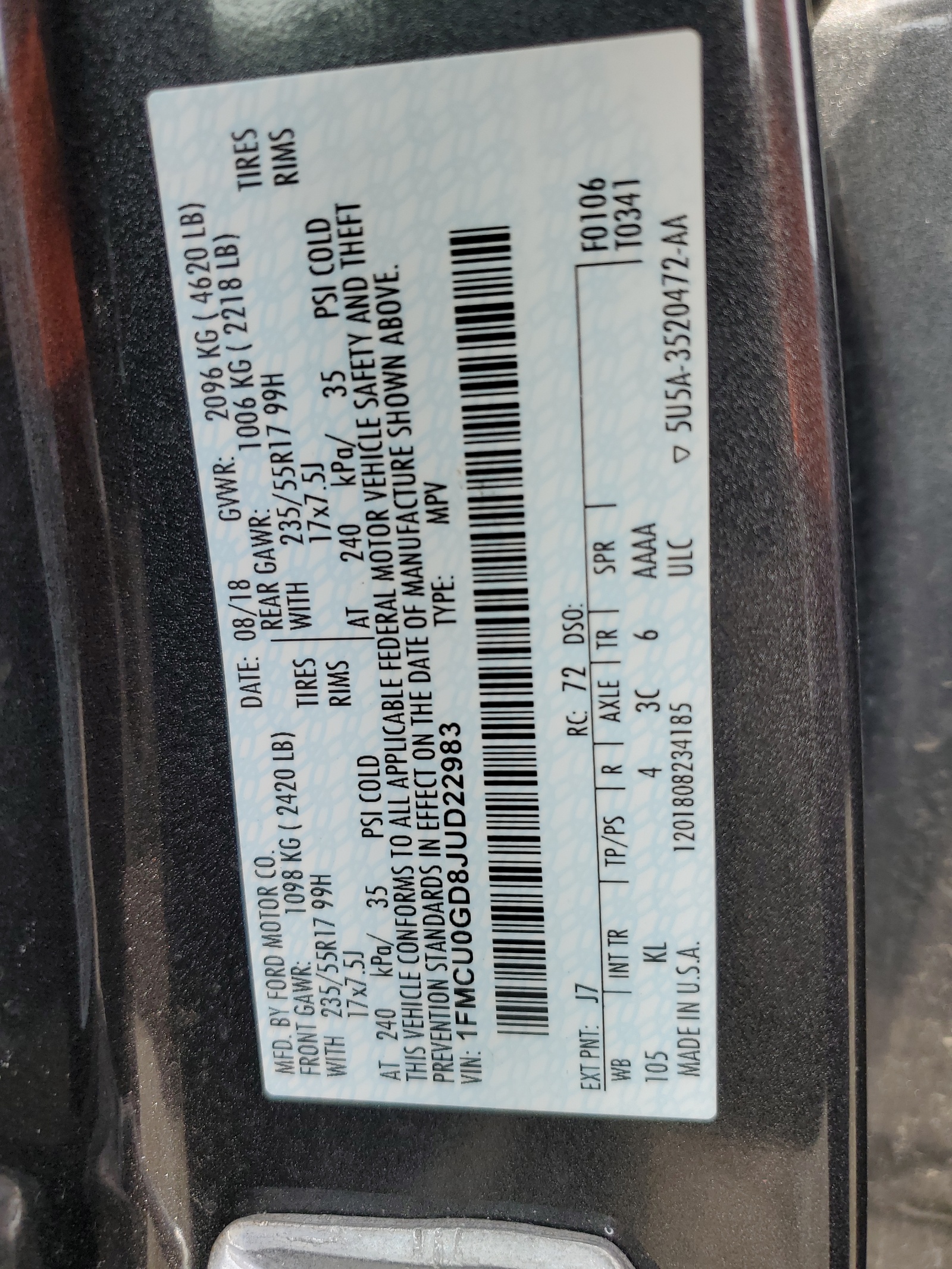 1FMCU0GD8JUD22983 2018 Ford Escape Se