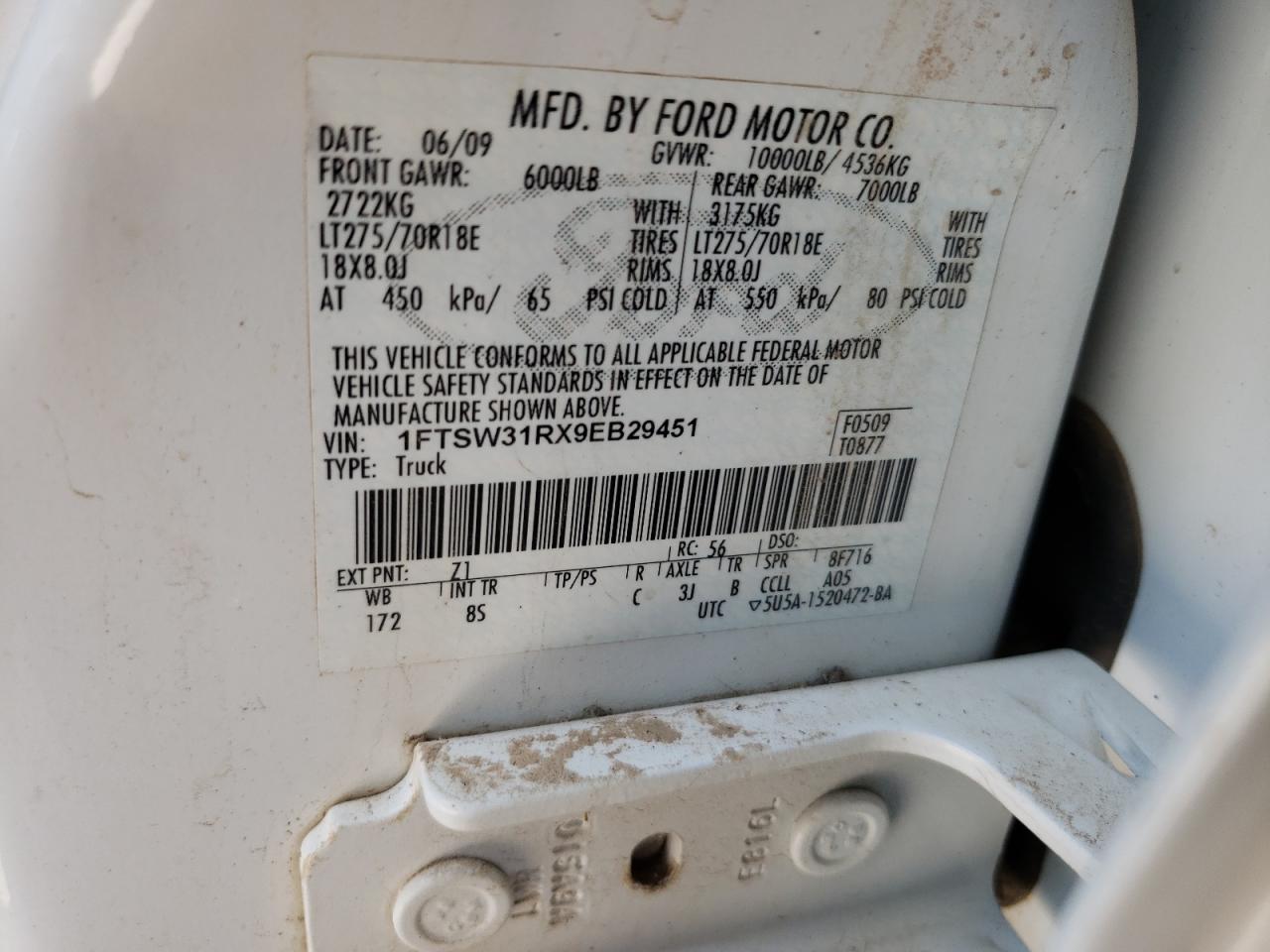 2009 Ford F350 Super Duty VIN: 1FTSW31RX9EB29451 Lot: 63822764