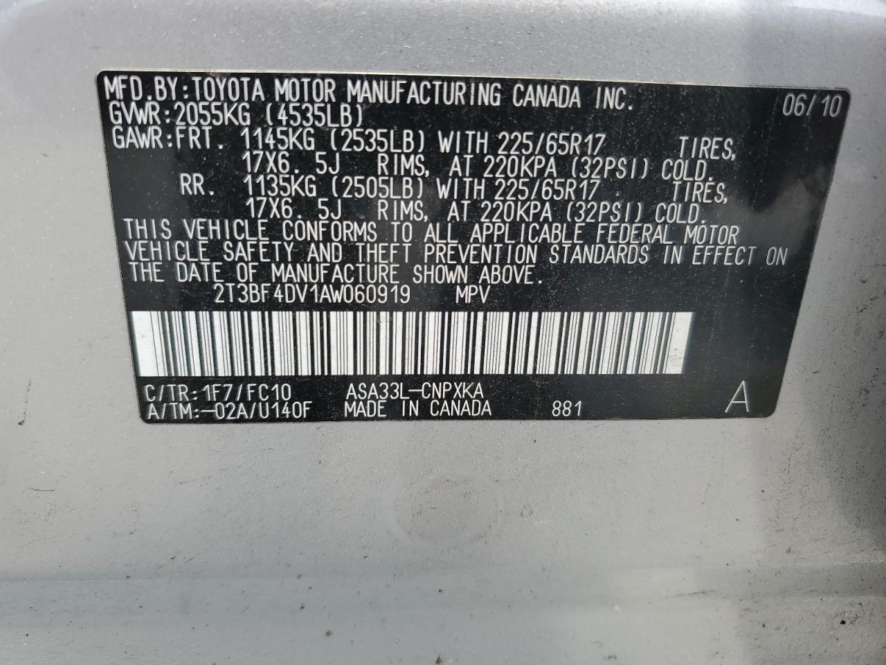 2010 Toyota Rav4 VIN: 2T3BF4DV1AW060919 Lot: 64745374