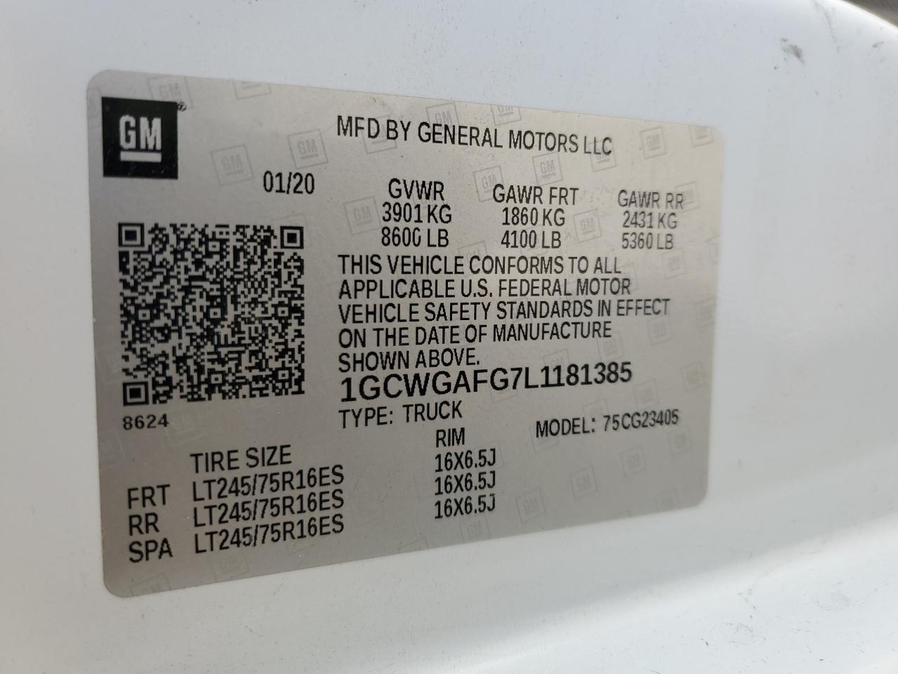 2020 Chevrolet Express G2500 VIN: 1GCWGAFG7L1181385 Lot: 64028674