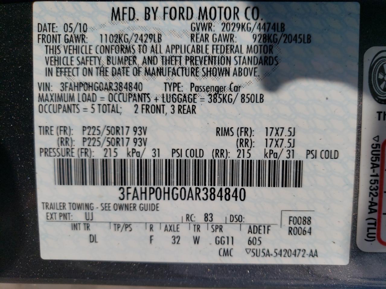 3FAHP0HG0AR384840 2010 Ford Fusion Se