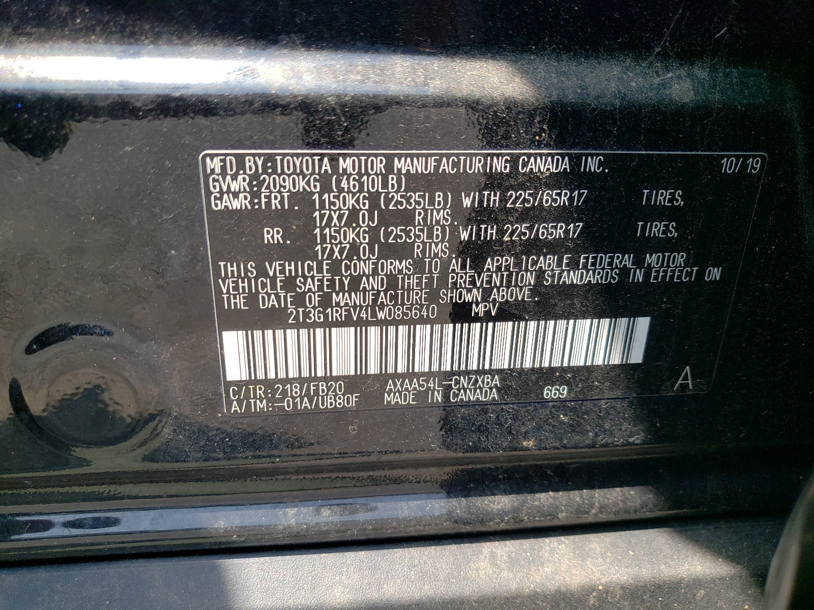 2T3G1RFV4LW085640 2020 Toyota Rav4 Le