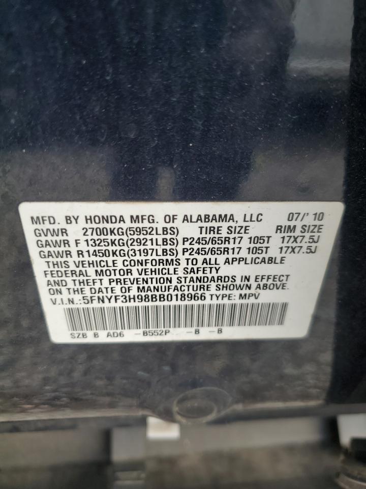 2011 Honda Pilot Touring VIN: 5FNYF3H98BB018966 Lot: 65420324