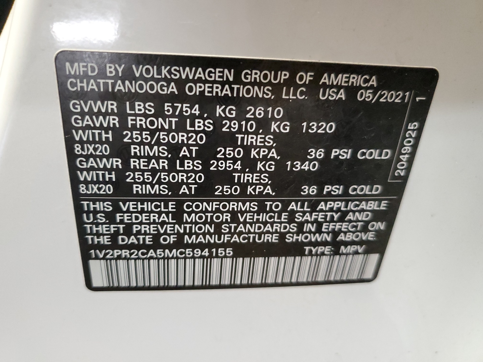 1V2PR2CA5MC594155 2021 Volkswagen Atlas Se