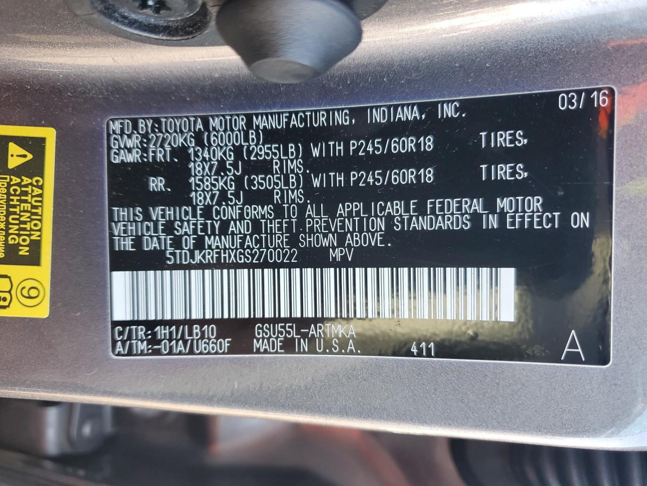 2016 Toyota Highlander Xle VIN: 5TDJKRFHXGS270022 Lot: 64096554