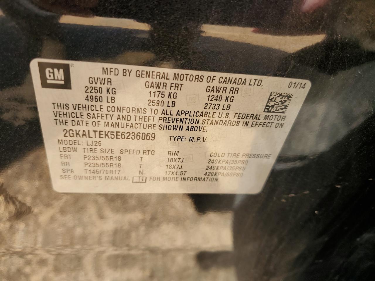 2014 GMC Terrain Slt VIN: 2GKALTEK5E6236069 Lot: 62521664