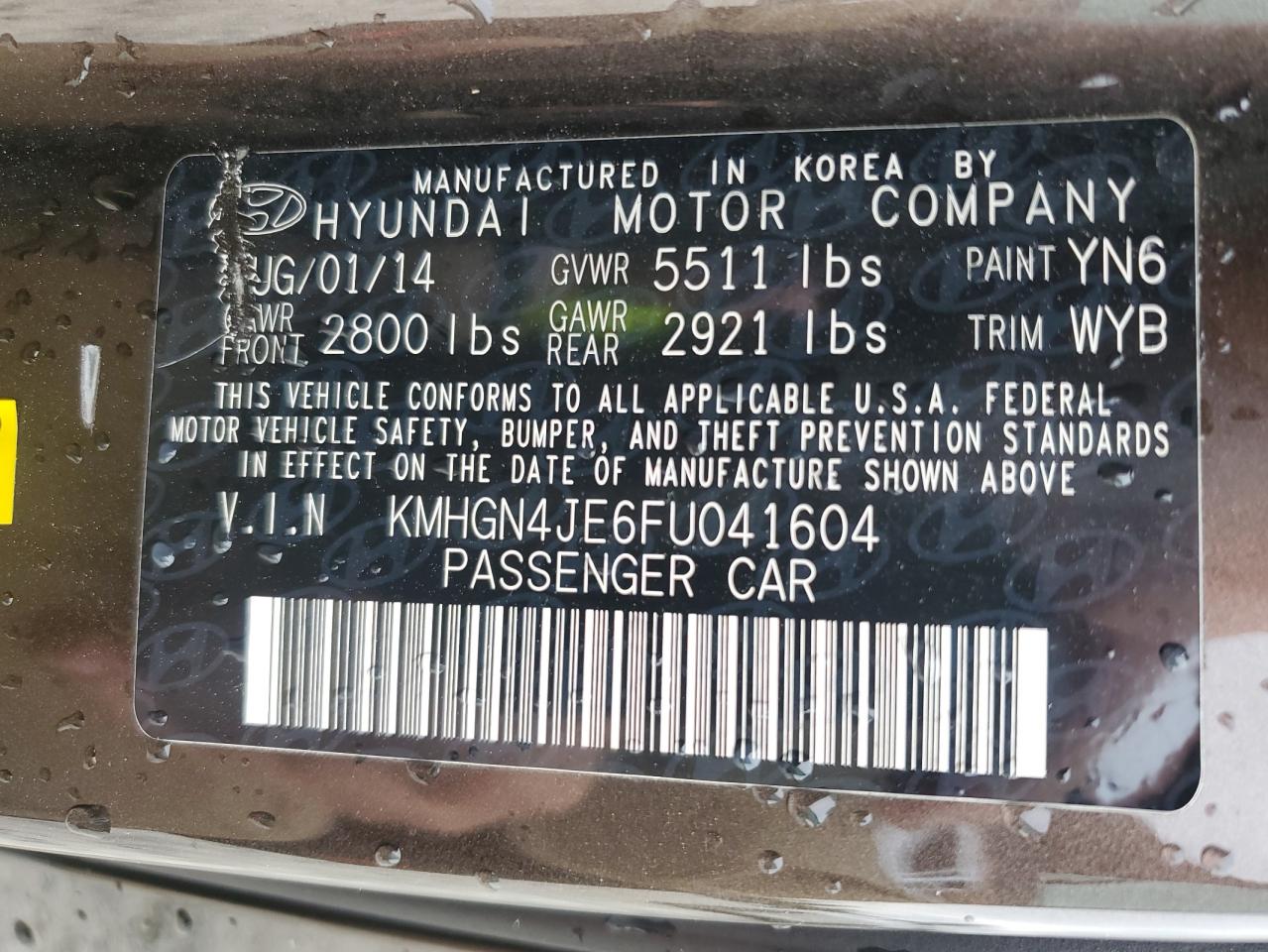 KMHGN4JE6FU041604 2015 Hyundai Genesis 3.8L