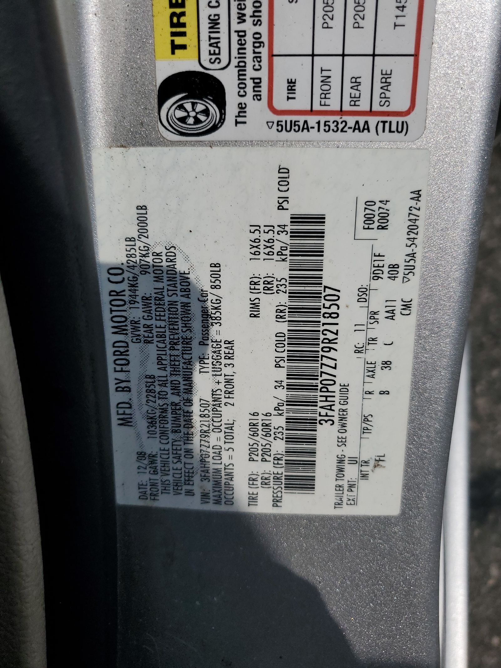 3FAHP07Z79R218507 2009 Ford Fusion Se