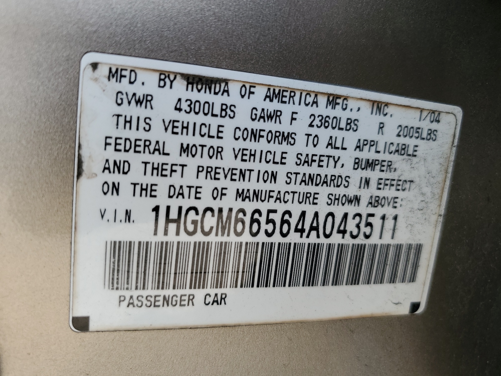 1HGCM66564A043511 2004 Honda Accord Ex