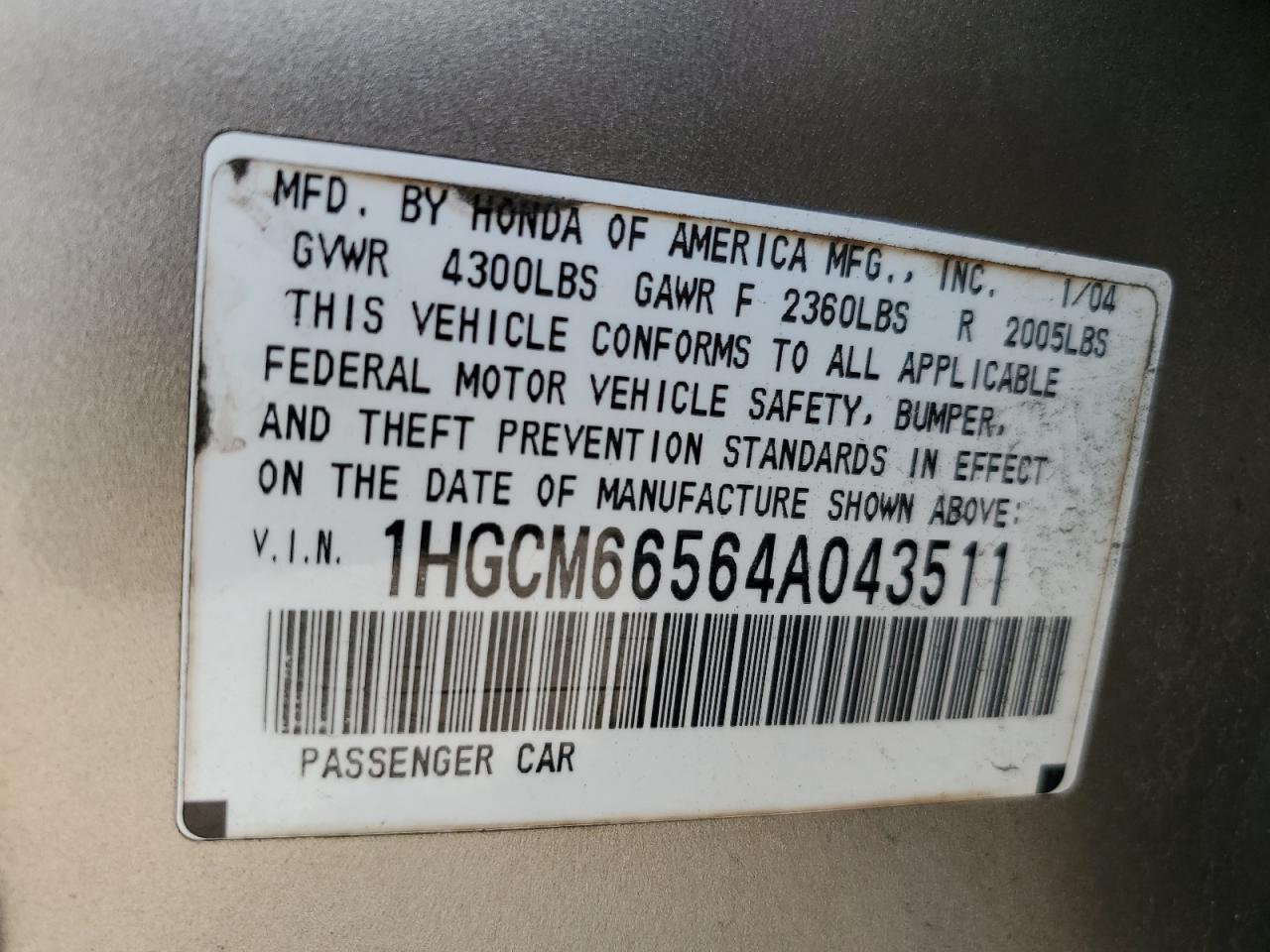 2004 Honda Accord Ex VIN: 1HGCM66564A043511 Lot: 65359954