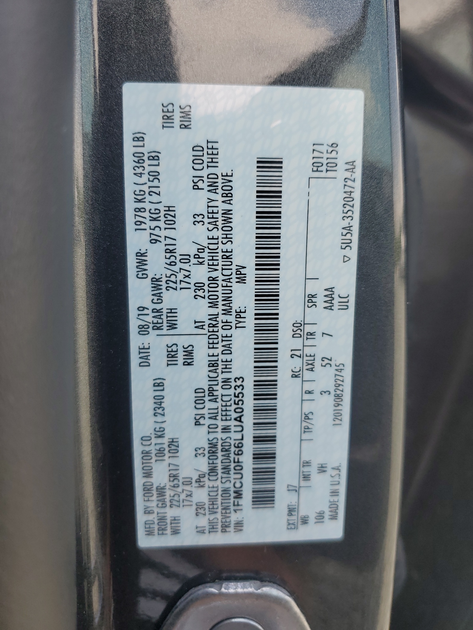 1FMCU0F66LUA05533 2020 Ford Escape S