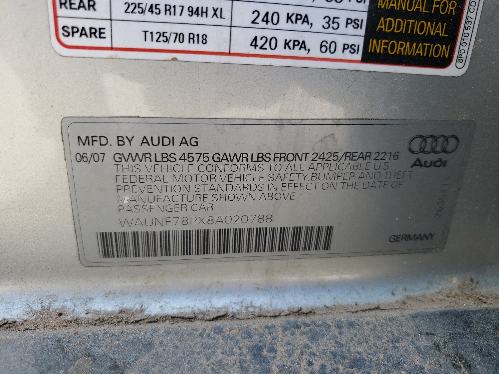 WAUNF78PX8A020788 2008 Audi A3 2.0 Premium