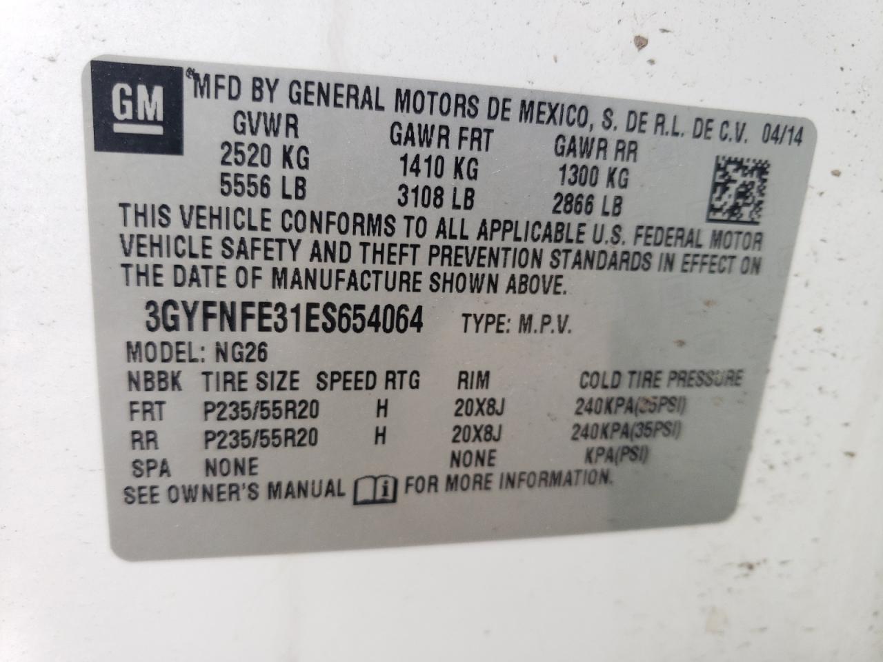 2014 Cadillac Srx Performance Collection VIN: 3GYFNFE31ES654064 Lot: 64653104