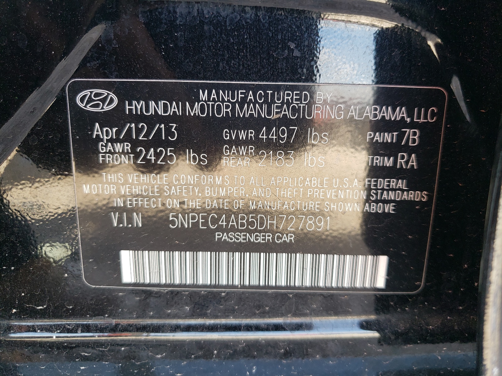 5NPEC4AB5DH727891 2013 Hyundai Sonata Se