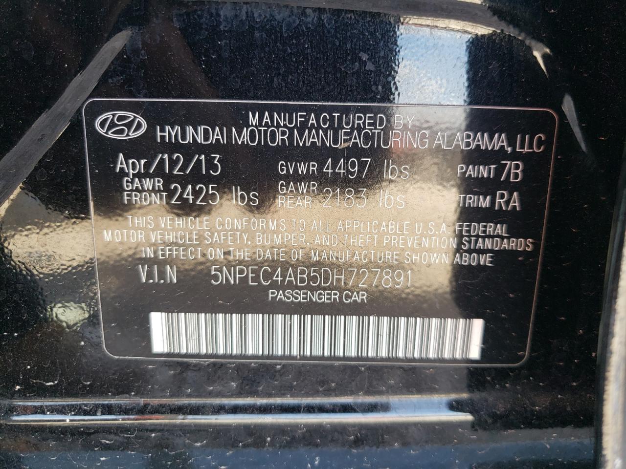 2013 Hyundai Sonata Se VIN: 5NPEC4AB5DH727891 Lot: 64222484
