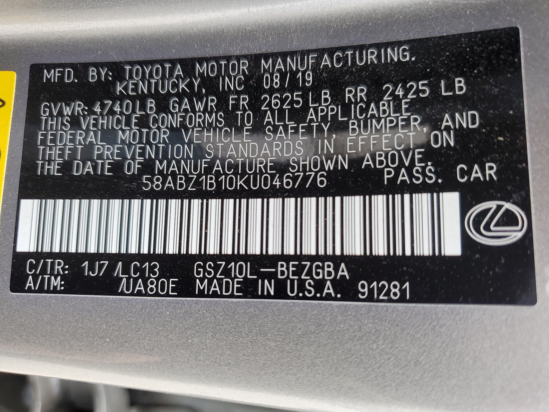 58ABZ1B10KU046776 2019 Lexus Es 350