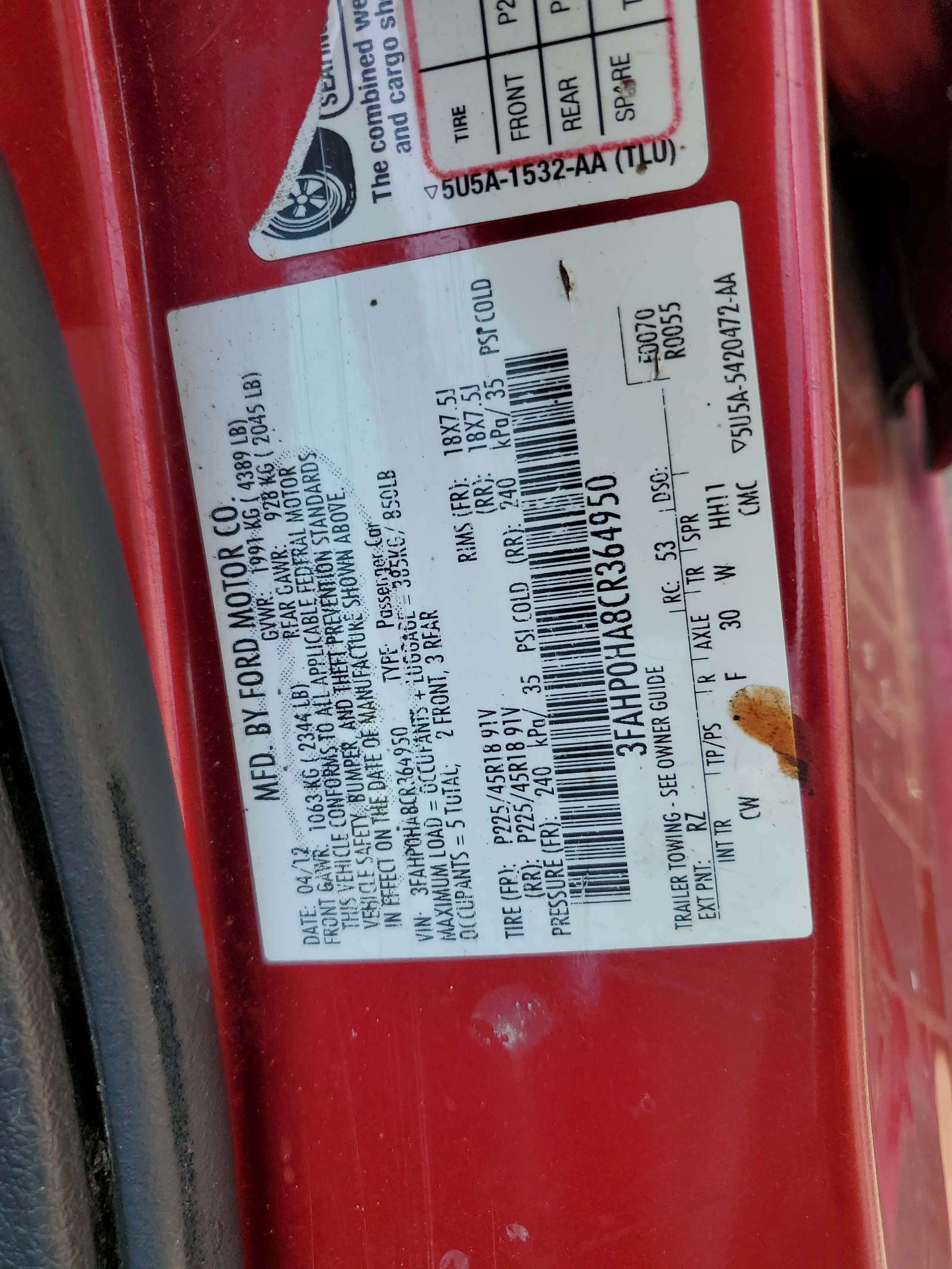 3FAHP0HA8CR364950 2012 Ford Fusion Se