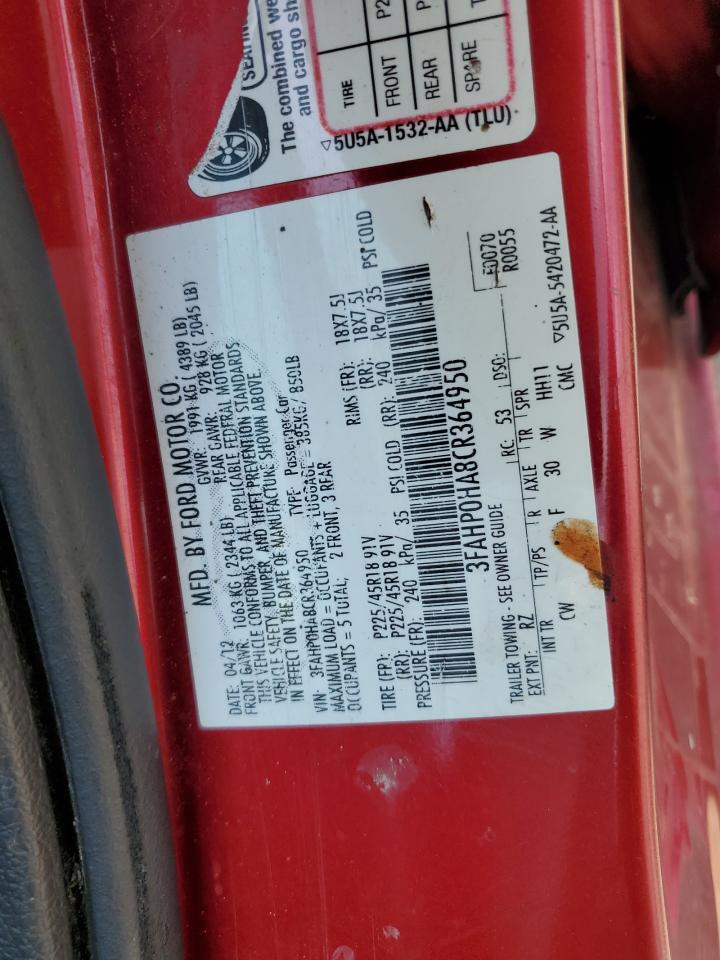 2012 Ford Fusion Se VIN: 3FAHP0HA8CR364950 Lot: 64305514