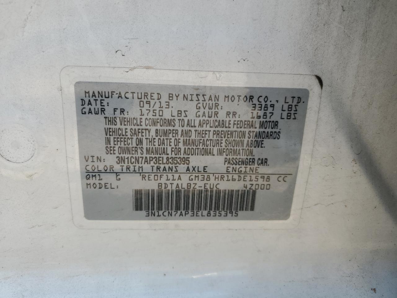 3N1CN7AP3EL835395 2014 Nissan Versa S