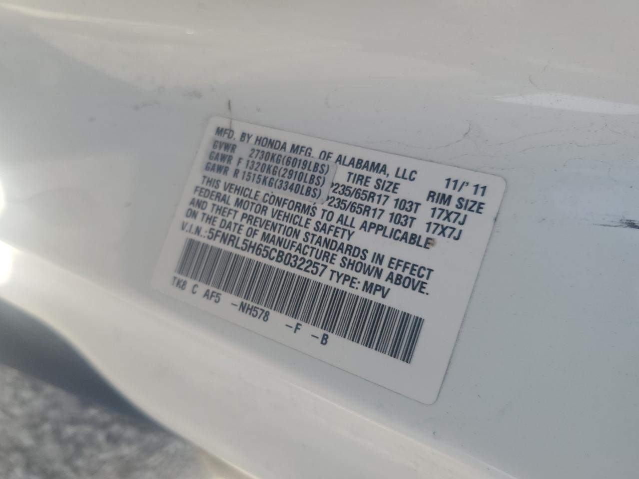 5FNRL5H65CB032257 2012 Honda Odyssey Exl