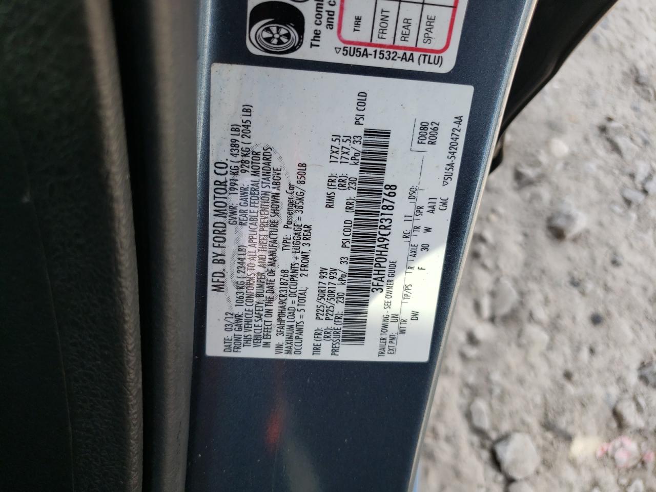 2012 Ford Fusion Se VIN: 3FAHP0HA9CR318768 Lot: 62337734