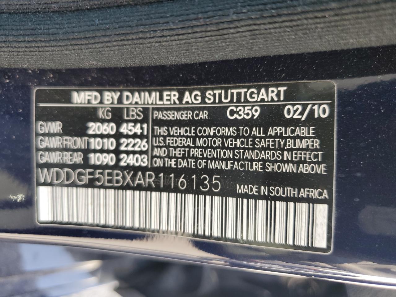 2010 Mercedes-Benz C 300 VIN: WDDGF5EBXAR116135 Lot: 62474144