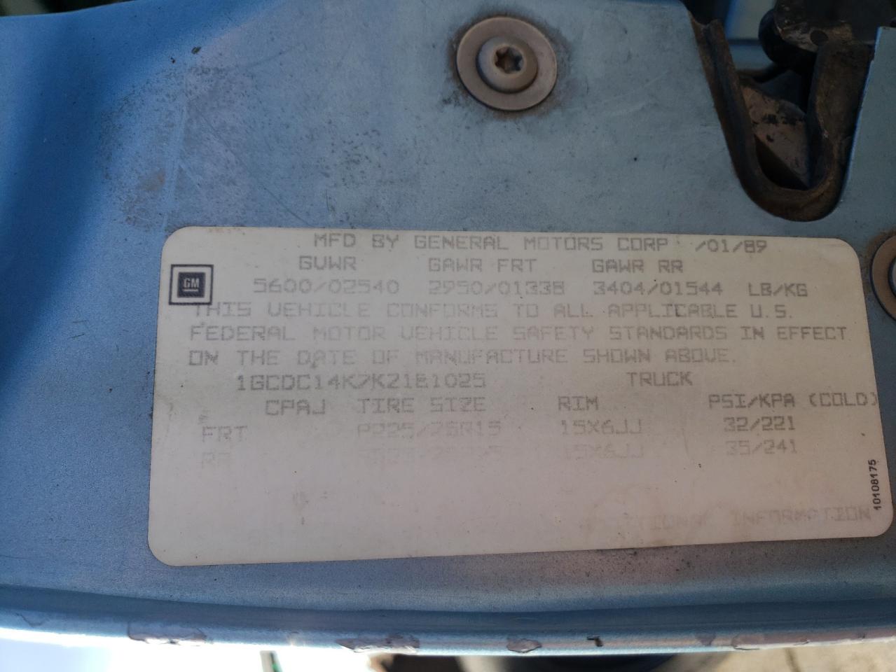1989 Chevrolet Gmt-400 C1500 VIN: 1GCDC14K7KZ181025 Lot: 63195804