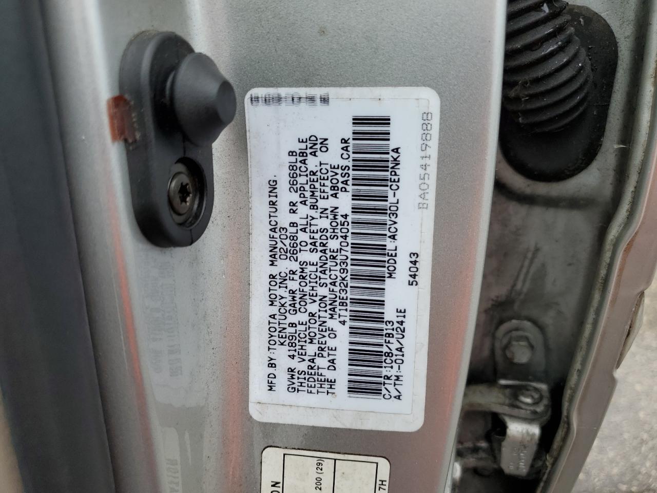 2003 Toyota Camry Le VIN: 4T1BE32K93U704054 Lot: 62876424